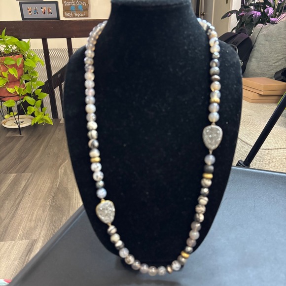 Silpada Jewelry - Silpada "Ode to Gold" 925 Natural Agate Hematite  Druzy Beaded Necklace 32"